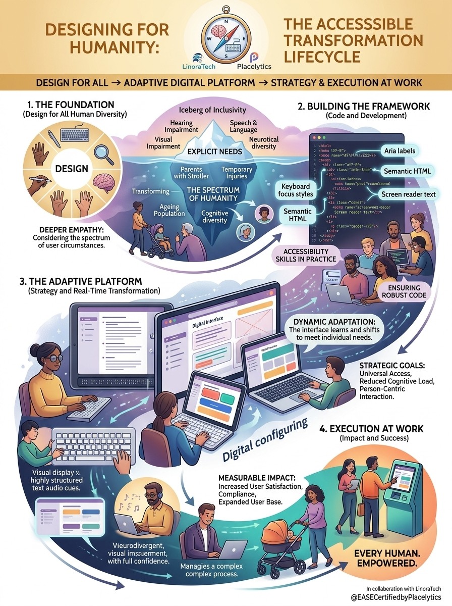 Designing digital systems, applications and platforms for all humanity including people with disabilities image portraying people with disabilities using digital platforms.